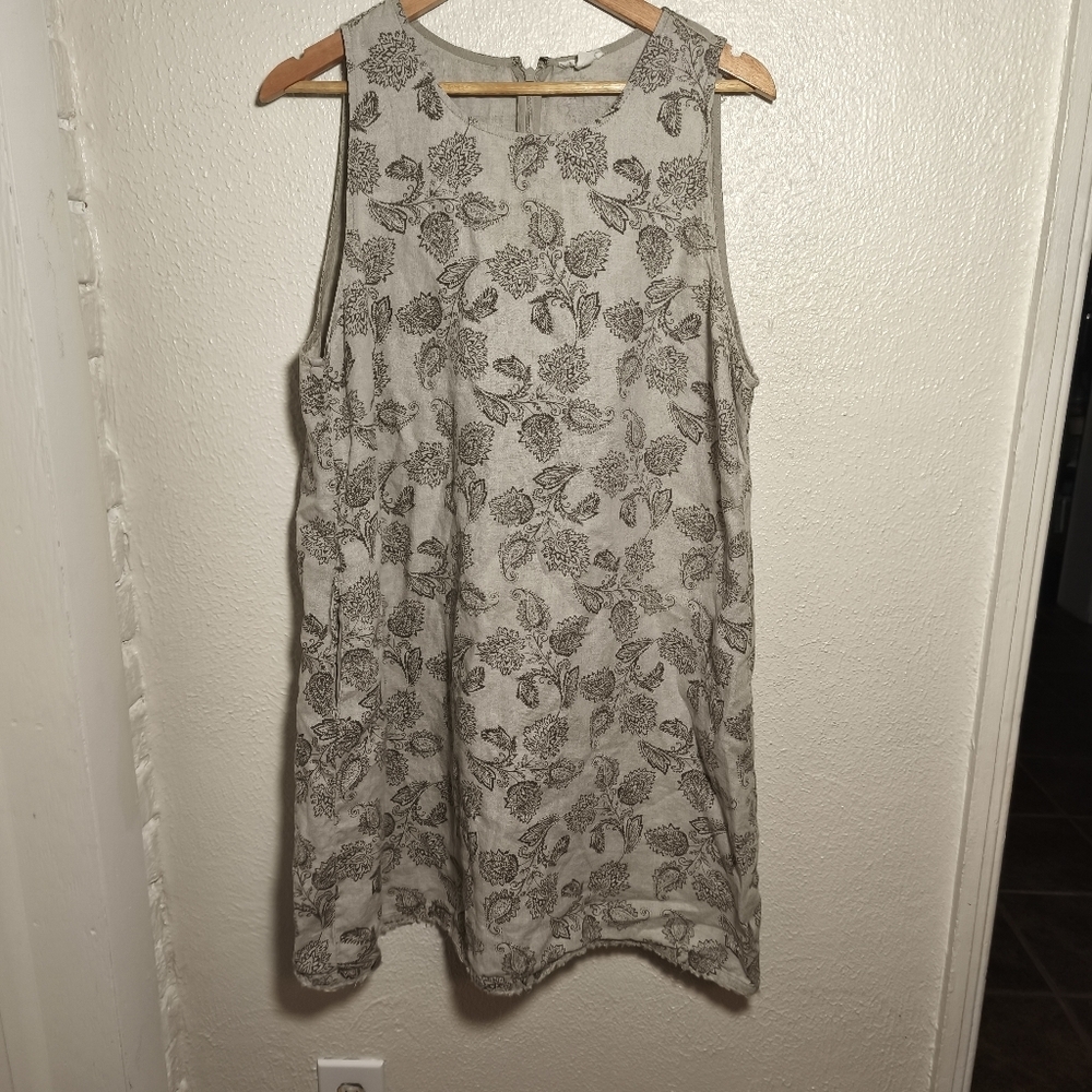 Garnet Hill Paisley 100% Linen Swing Tank Dress sz 18 Tan Brown Coastal Chic